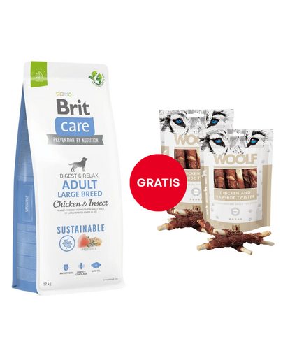 Hrana caine talie mare BRIT Care Dog Sustainable Adult Large Breed Chicken & Insect 12kg + WOOLF Chicken And Rawhide Twister 2 x 100g GRATIS
