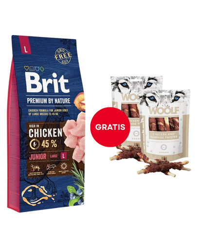 Hrana catelus BRIT Premium By Nature Junior Large L Chicken 15 kg + WOOLF Chicken And Rawhide Twister 2 x 100g GRATIS