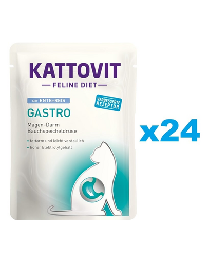 KATTOVIT Feline Diet Gastro hrana umeda dietetica pentru pisici cu afectiuni gastrointestinale, rata si orez  24 x 85 g