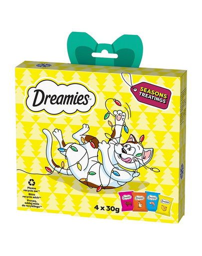 DREAMIES Set cadou 120g gustari delicioase cu vita, pui, branza si somon pentru pisici adulte si pui peste 8 saptamani