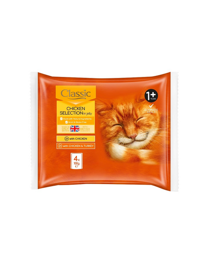 BUTCHER'S Classic Mix smaków saszetka 4x100g z kurczakiem oraz kurczakiem i indykiem w galaretce