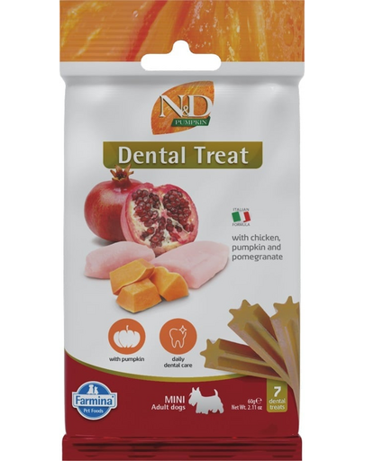 FARMINA N&D Pumpkin Dental Treat Chicken Pomegranate Mini 60 g baton dentar pentru caini de talie mica, pui si dovleac