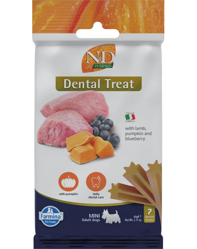 FARMINA N&D Pumpkin Dental Treat Lamb Blueberry Mini 60 g recompensa dentara caini de talie mica, cu miel