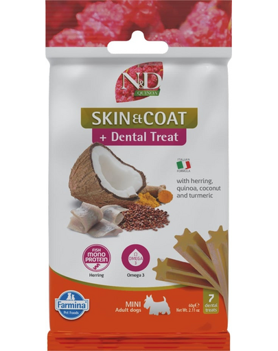 FARMINA N&D Quinoa Dental Treat Skin Coat Herring Mini 60 g gustare dentara cu hering, pentru caini talie mica