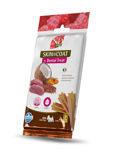 FARMINA N&D Quinoa Dental Treat Skin Coat Venison Mini 60 g batoane dentare pentru caini talie mica, cu vanat