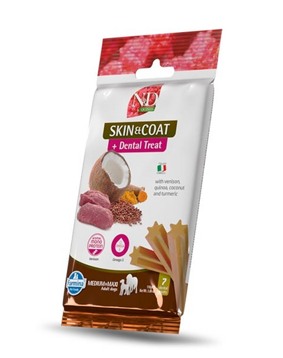 FARMINA N&D Quinoa Dental Treat Skin Coat Venison Medium/Maxi 100 g Batoane pentru caine talie medie si mare, cu vanat