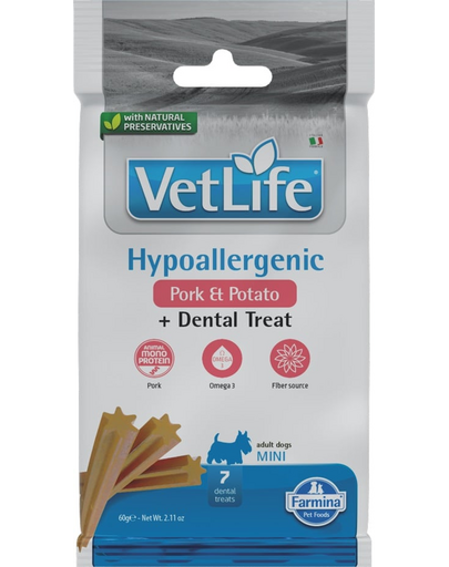 FARMINA Vet Life Dental Treat Hypoallergenic Pork Mini 60 g recompensa dentara pentru caini de rase mici, cu porc