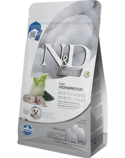 FARMINA N&D White Dog Adult Medium Maxi Sea Bass, Spirulina, Fennel 2 kg Hrana caine adult cu blana alba