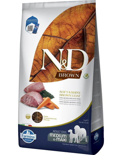 FARMINA N&D Brown Dog Adult Medium Maxi Lamb, Spirulina, Carrot 7 kg Hrana caine talie medie si mare, cu blana inchisa la culoare