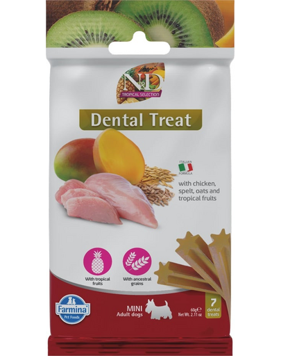 FARMINA N&D Tropical Selection Dental Treat Chicken Mini 60 g gustare dentara pentru caini de rase mici, cu pui