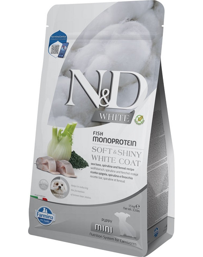 FARMINA N&amp;D White Dog Puppy Mini 1,5 kg biban de mare, spirulină și fenicul, hrană căței și femele gestante sau lactante