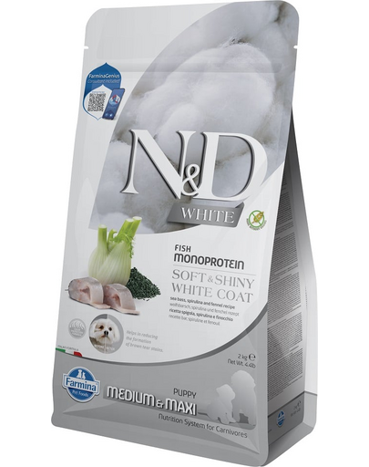 FARMINA N&D White Dog Puppy Medium Maxi Sea Bass, Spirulina, Fennel 2 kg Mancare catei talie medie, cu blana alba