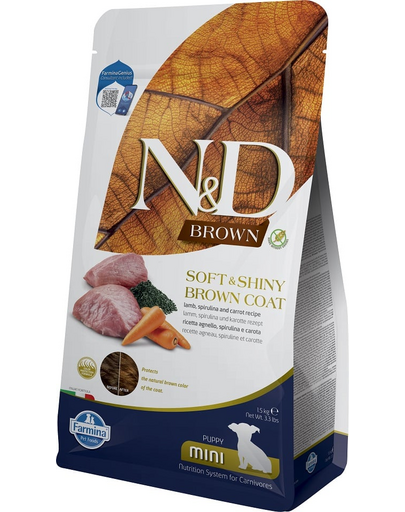 FARMINA N&D Brown Dog Puppy Mini Lamb, Spirulina, Carrot 1,5 kg Mancare catei cu blana maro, cu miel