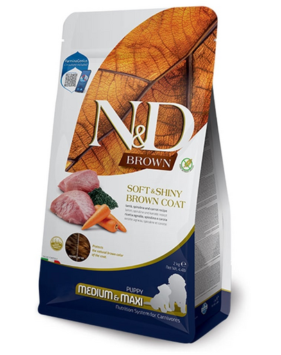 FARMINA N&D Brown Dog Puppy Medium Maxi Lamb, Spirulina, Carrot 2 kg Mancare catei cu blana inchisa la culoare