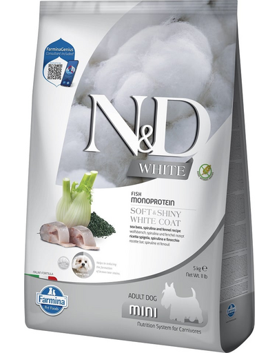 FARMINA N&amp;D White Dog Adult Mini 5 kg biban de mare, spirulină și fenicul, hrană câini adulți talie mică