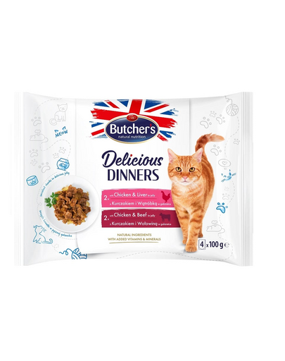 BUTCHER\'S Delicious Dinners hrana pisica, bucati carne gelatina in aspic 4x100g cu pui si ficat, cu pui si vita
