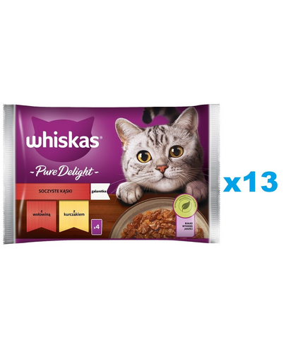 WHISKAS Adult Plicuri hrana umeda pisica 52x85 g Juicy Bites hrana umeda cu bucat de carne de vita, pui in aspic