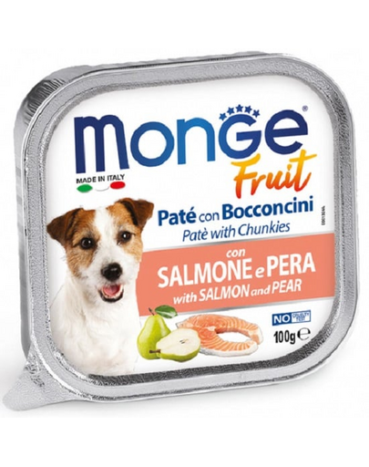 MONGE Fruit Dog hrana umeda pentru caini sub forma de pate, cu somon și pere 100 g