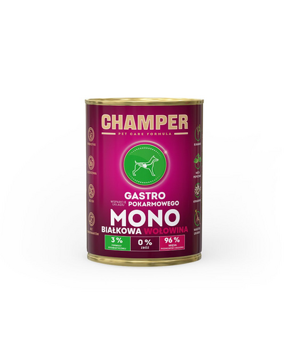Hrana umeda monoproteica CHAMPER Gastro pentru caini 400 g cu vita