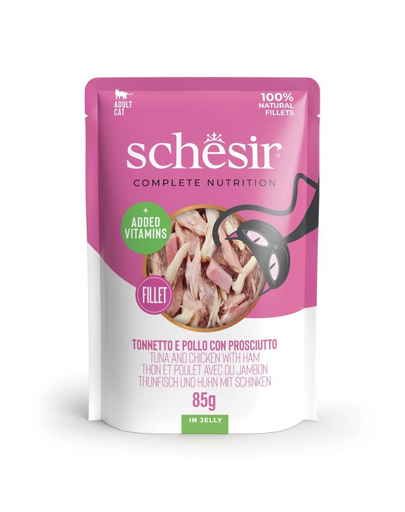 SCHESIR Jelly Adult cu ton, pui și șuncă în aspic 85 g hrană pisici adulte