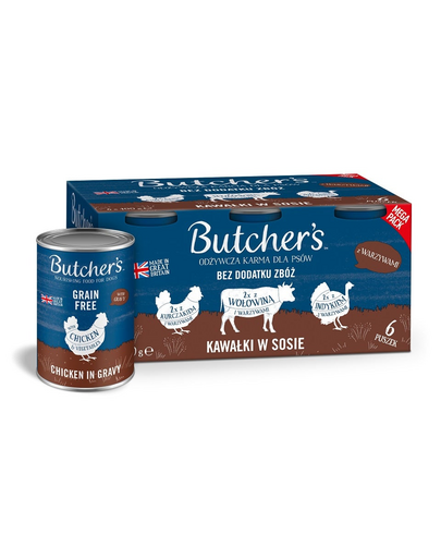 BUTCHER&#039;S Original Recipe in gravy pentru caini 6x400 g mix arome cu legume si bucati vita, curcan si pui cu sos