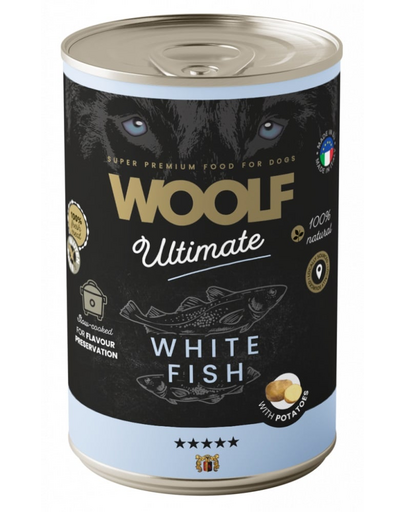WOOLF Ultimate Adult Dog pește alb și cartofi 400g hrană conservă câini adulți