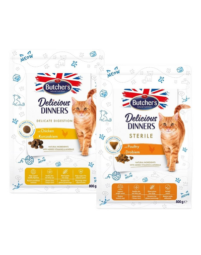 BUTCHER\'S Functional Cat Indoor cu pasare 800 g + Sensitive cu pui 800 g