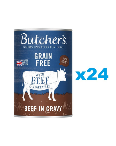 BUTCHER'S Original Recipe in Gravy hrana umeda caini, bucati de vita in sos, conserva 24 x 400g