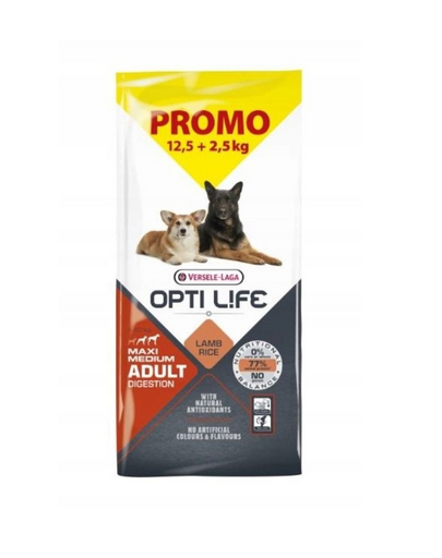 VERSELE-LAGA Opti Life Adult Digestion Medium & Maxi Miel 12,5kg + 2,5kg GRATIS pentru câini cu digestie sensibilă