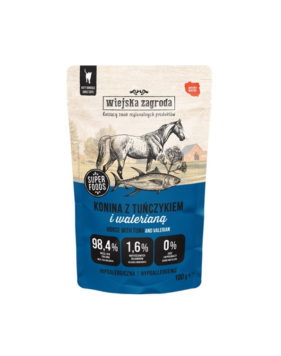 WIEJSKA ZAGRODA Superfoods Hrană umedă pentru pisici, carne de cal cu ton și valeriană 100 g