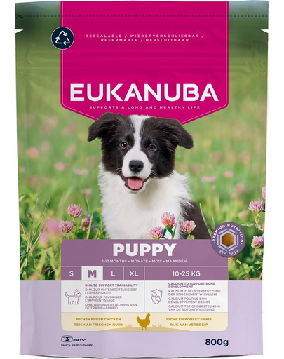 EUKANUBA Puppy Medium Breeds Chicken 800 g hrană căței rase medii, bogată în pui proaspăt