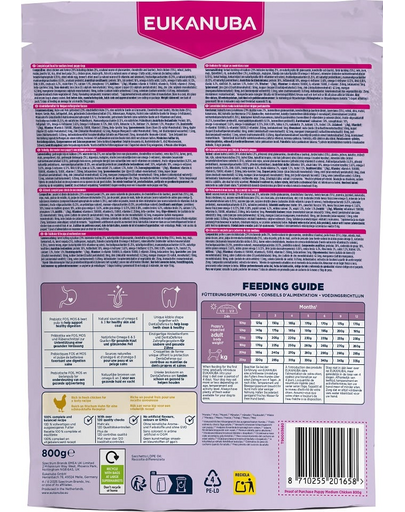 EUKANUBA Puppy Medium Breeds Chicken 800 g hrană căței rase medii, bogată în pui proaspăt