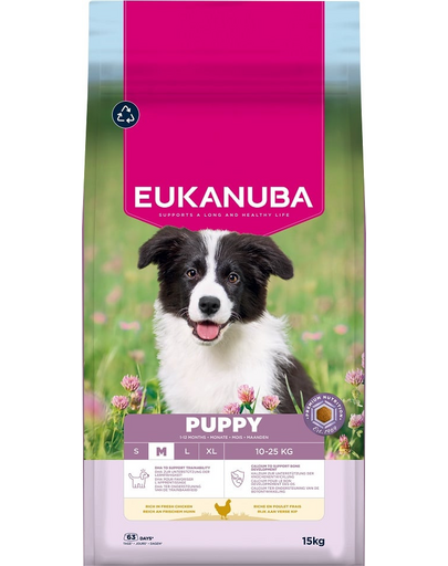 EUKANUBA Puppy Medium Breeds Chicken 15 kg hrană pentru căței rase medii, bogată în pui proaspăt