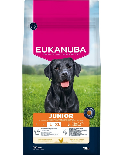 EUKANUBA Junior Large Breeds Chicken 15 kg hrană câini tineri rase mari, bogată în pui proaspăt