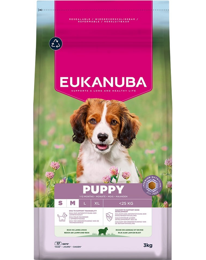 EUKANUBA Puppy Small Medium Breeds Lamb Rice 3 kg hrană căței mici și medii, cu miel și orez