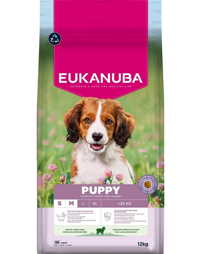 EUKANUBA Puppy Small Medium Breeds Lamb Rice 12 kg hrană uscată pentru căței din rase mici și medii, bogată în carne de miel și orez