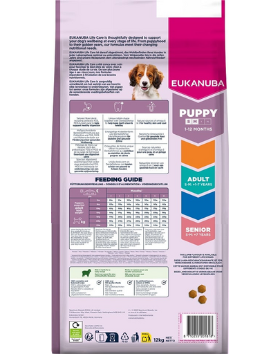 EUKANUBA Puppy Small Medium Breeds Lamb Rice 12 kg hrană uscată pentru căței din rase mici și medii, bogată în carne de miel și orez