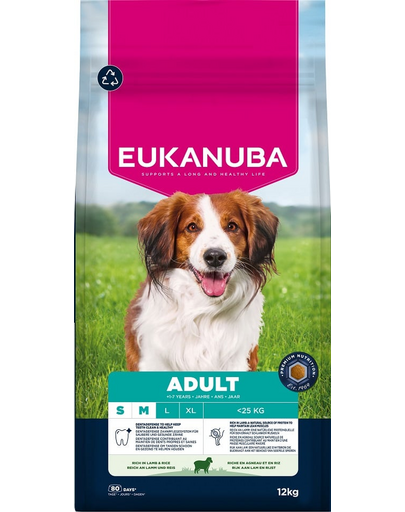 EUKANUBA Adult Small Medium Breeds Lamb Rice 12 kg hrană câini rase mici și medii bogată în carne de miel și orez