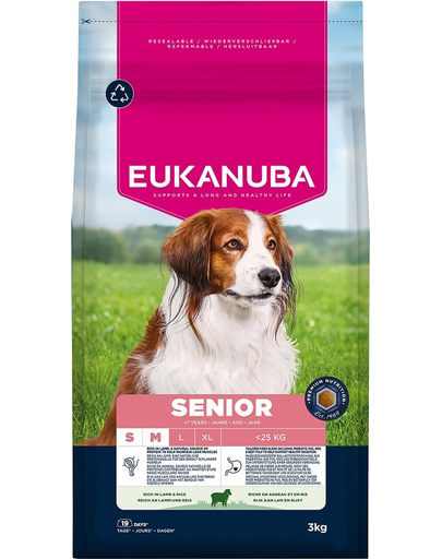 EUKANUBA Senior Small Medium Breeds Lamb Rice 3 kg hrană câini în vârstă de rase mici și medii bogată în carne de miel și orez