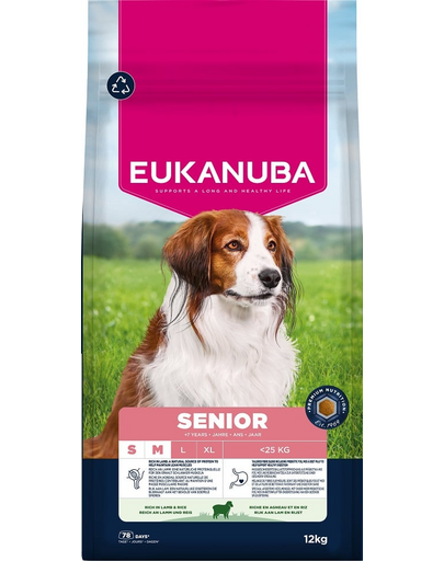 EUKANUBA Senior Small Medium Breeds Lamb Rice 12 kg hrană câine senior rase mici/medii bogată în miel și orez