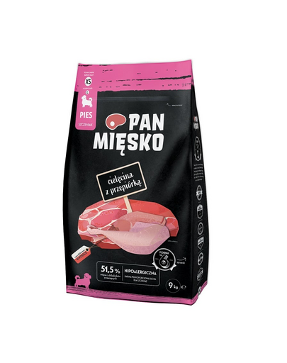PAN MIĘSKO hrana catei si caini tineri XS 9 kg vitel si prepelita