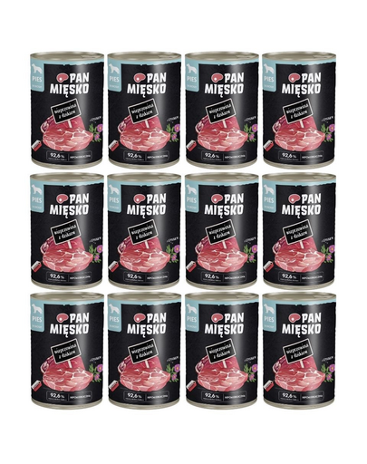 PAN MIĘSKO Carne de porc cu mistreț hrană umedă pentru câini 12x400 g