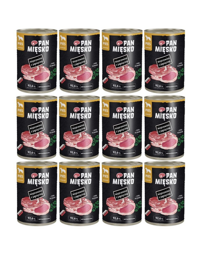 PAN MIĘSKO Carne de porc cu miel hrană umedă pentru câini 12x400 g