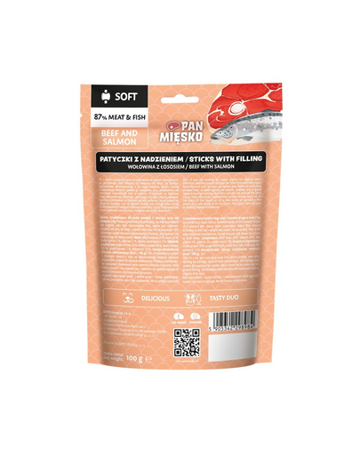Patyczki z nadzieniem Wołowina i łosoś przysmak dla psa 100 g