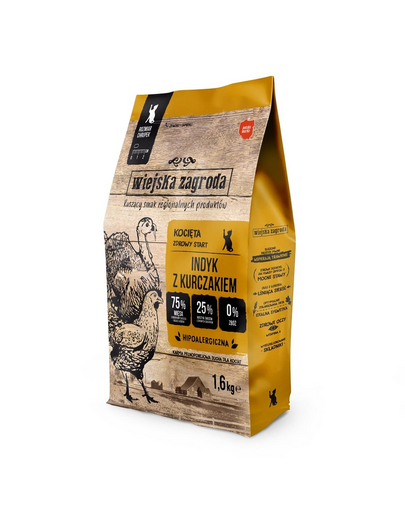 WIEJSKA ZAGRODA Hrana uscata cu curcan si pui pentru pisoi 2x1,6 kg