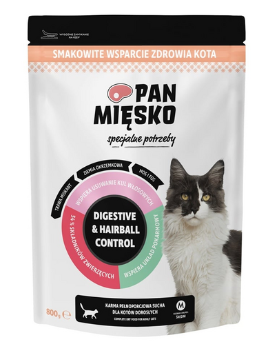 Pan Mięsko Hrană uscată pentru pisici cu nevoi speciale, Digestive &amp; Hairball Control 800 g