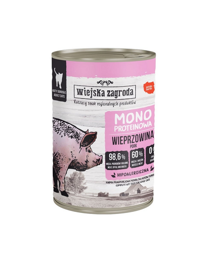 WIEJSKA ZAGRODA Hrana umedă monoproteică cu carne de porc pentru pisici 12x400 g