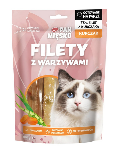 PAN MIĘSKO Gustare pentru pisici, fileuri de pui cu legume 100 g
