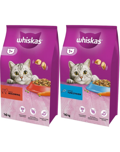 WHISKAS Adult 14kg z wołowiną i warzywami + WHISKAS Adult 14kg z tuńczykiem i warzywami