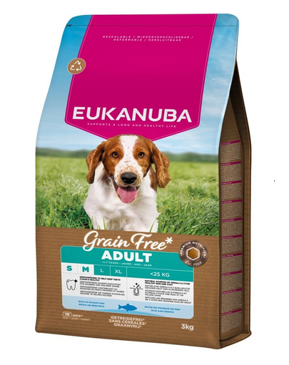 EUKANUBA Grain Free Adult Small Medium Ocean Fish 3 kg hrană câini adulți rase mici și medii, cu pește